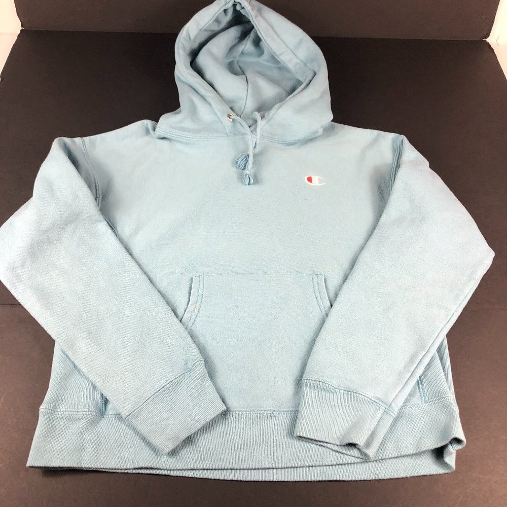 Y2K Champion Reverse Weave Sweatshirt Men Small Light Blue Faded Pullover Hoodie